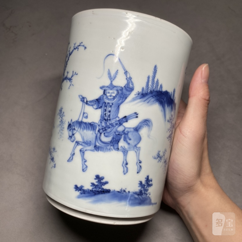 明崇祯 青花羌胡出猎图笔筒 - 图8